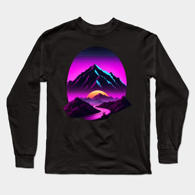 Synthwave vaporwave mountains with sun Long Sleeve T-Shirt by Spaceboyishere